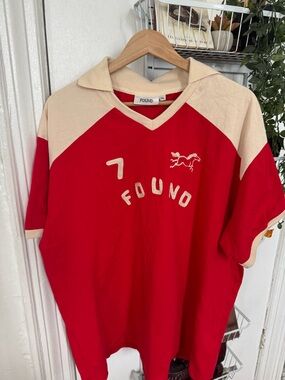 Found - Men’s Red and Cream Raglan Polo Shirt